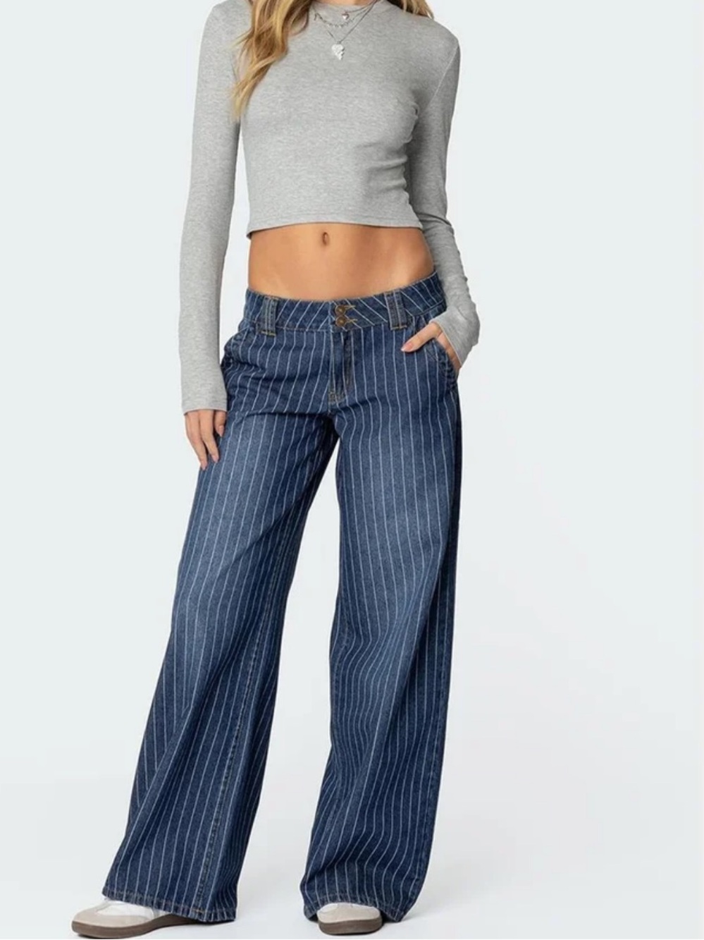 Edikted Navy Pinstripe Wide-Leg Jeans
